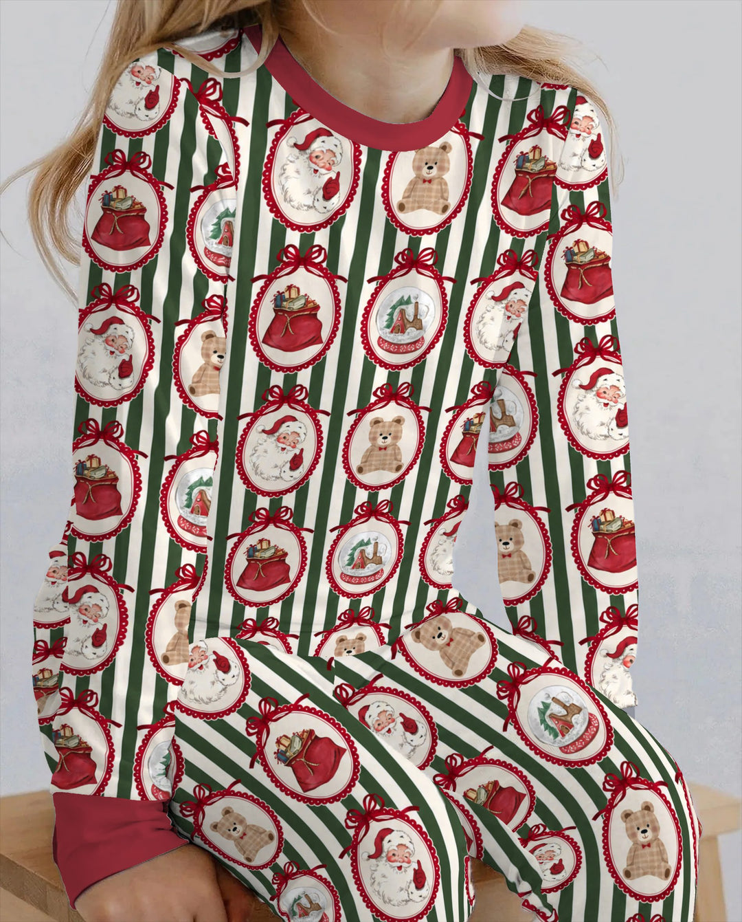 Vintage Christmas Ornament Stripe Bamboo Two Piece Long Sleeve Pajama Set