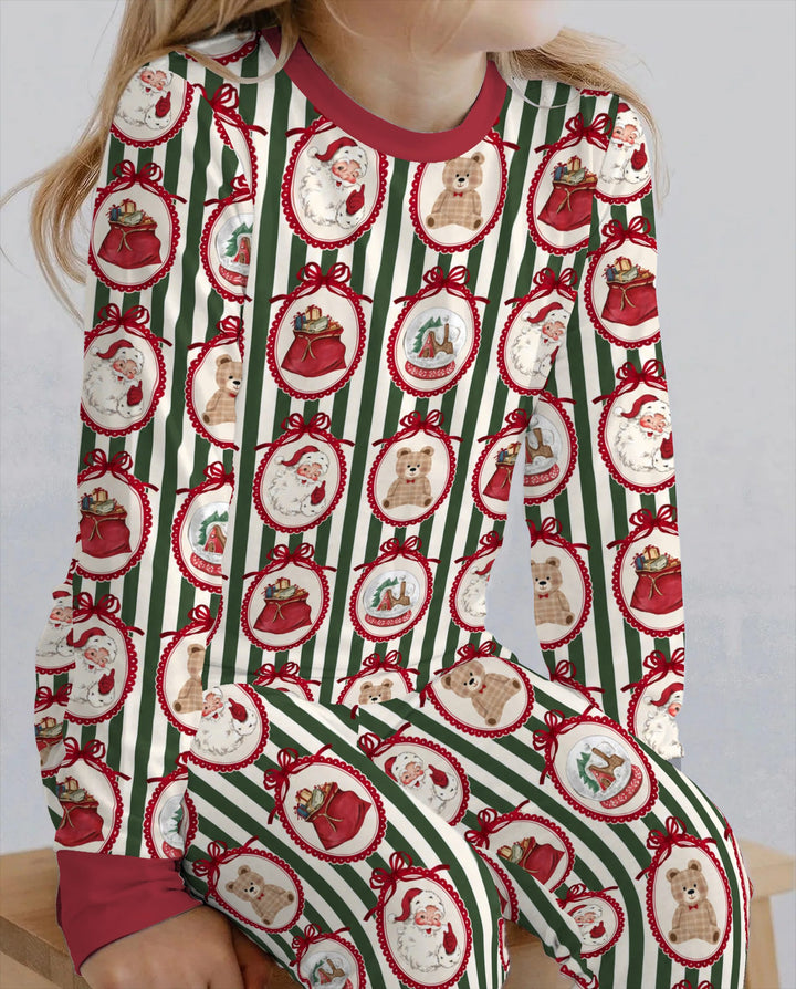 Vintage Christmas Ornament Stripe Bamboo Two Piece Long Sleeve Pajama Set