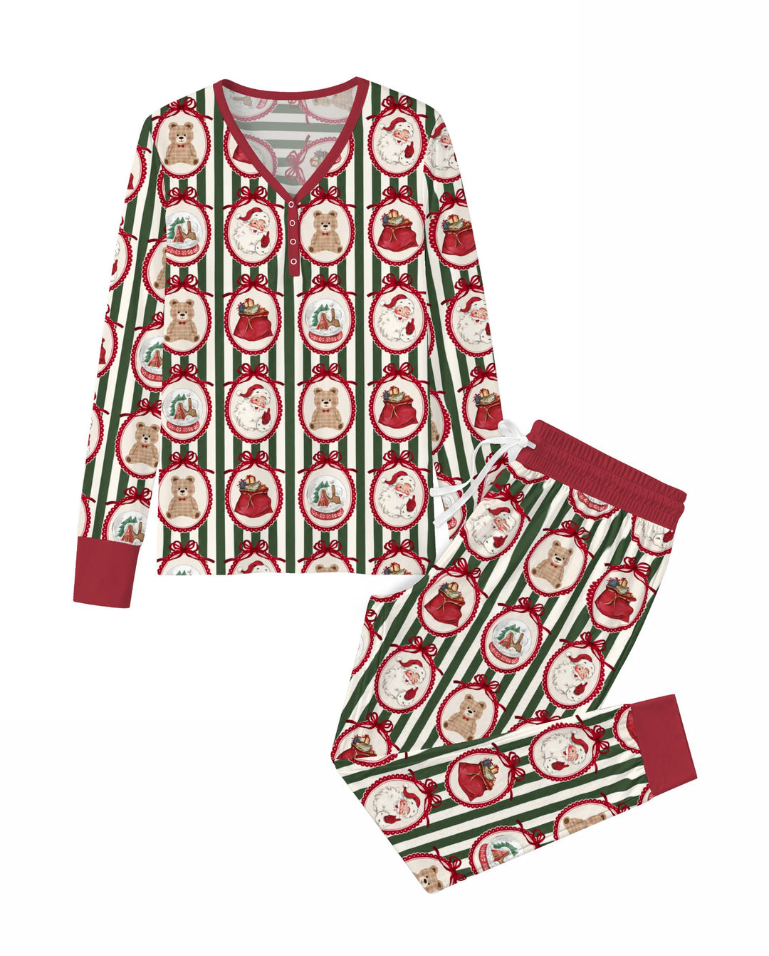 Vintage Christmas Ornament Stripe Bamboo Women Pajama Set