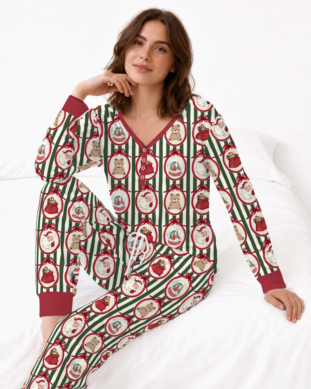 Vintage Christmas Ornament Stripe Bamboo Women Pajama Set