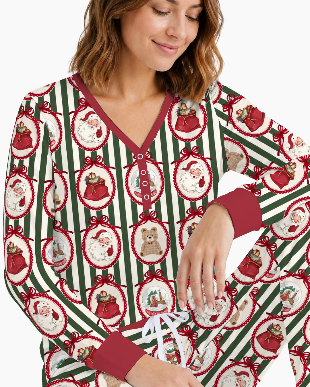 Vintage Christmas Ornament Stripe Bamboo Women Pajama Set