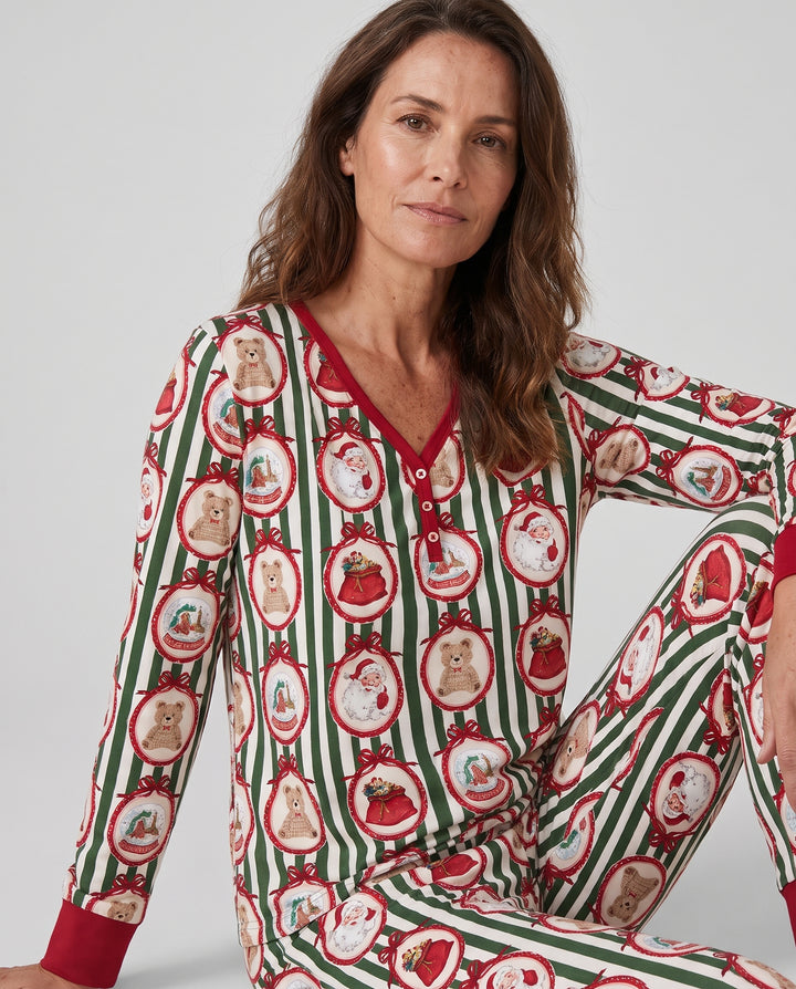 Vintage Christmas Ornament Stripe Bamboo Women Pajama Set