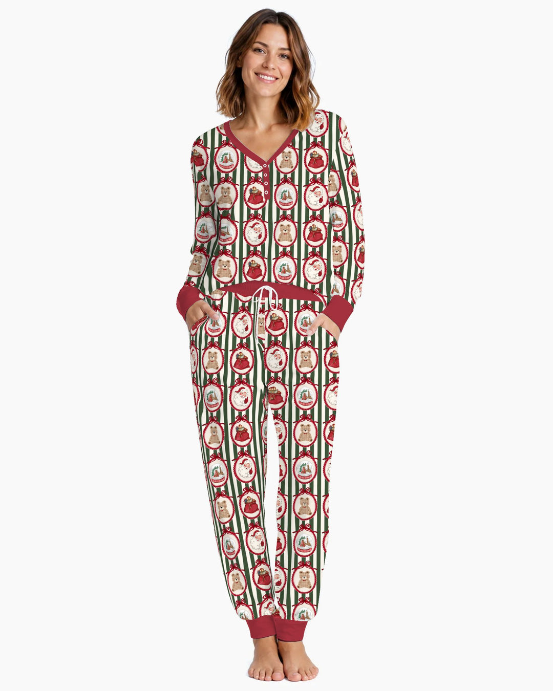 Vintage Christmas Ornament Stripe Bamboo Women Pajama Set