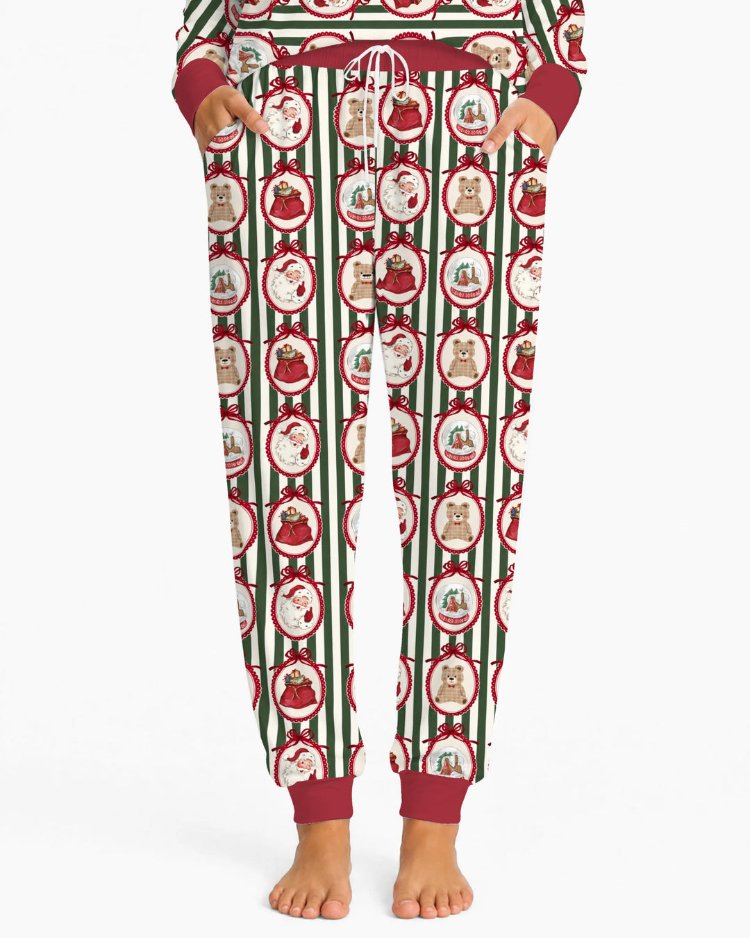 Vintage Christmas Ornament Stripe Bamboo Women Pajama Set