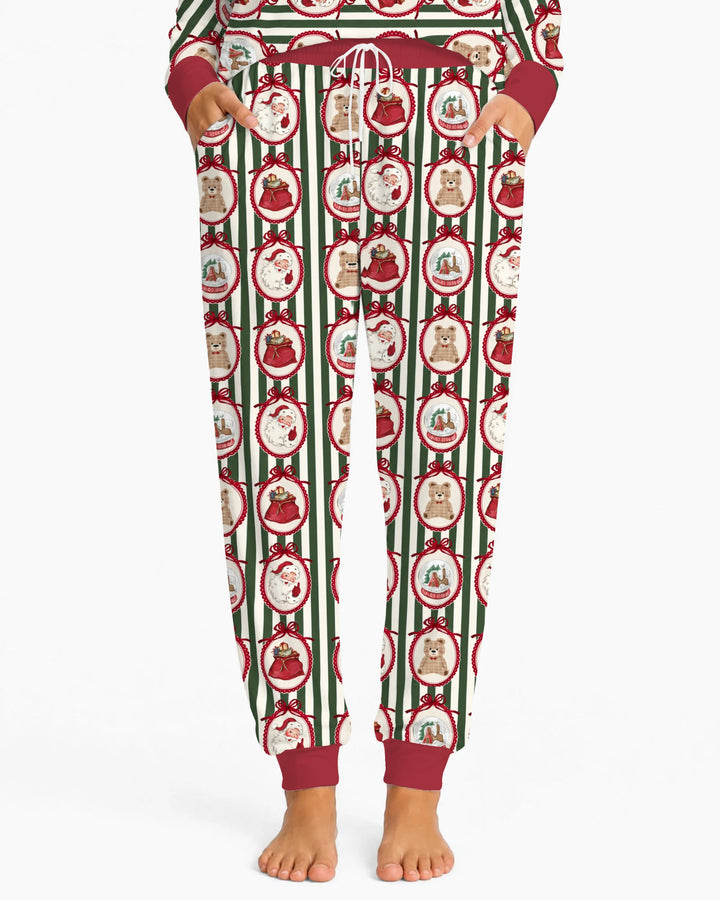 Vintage Christmas Ornament Stripe Bamboo Women Pajama Set