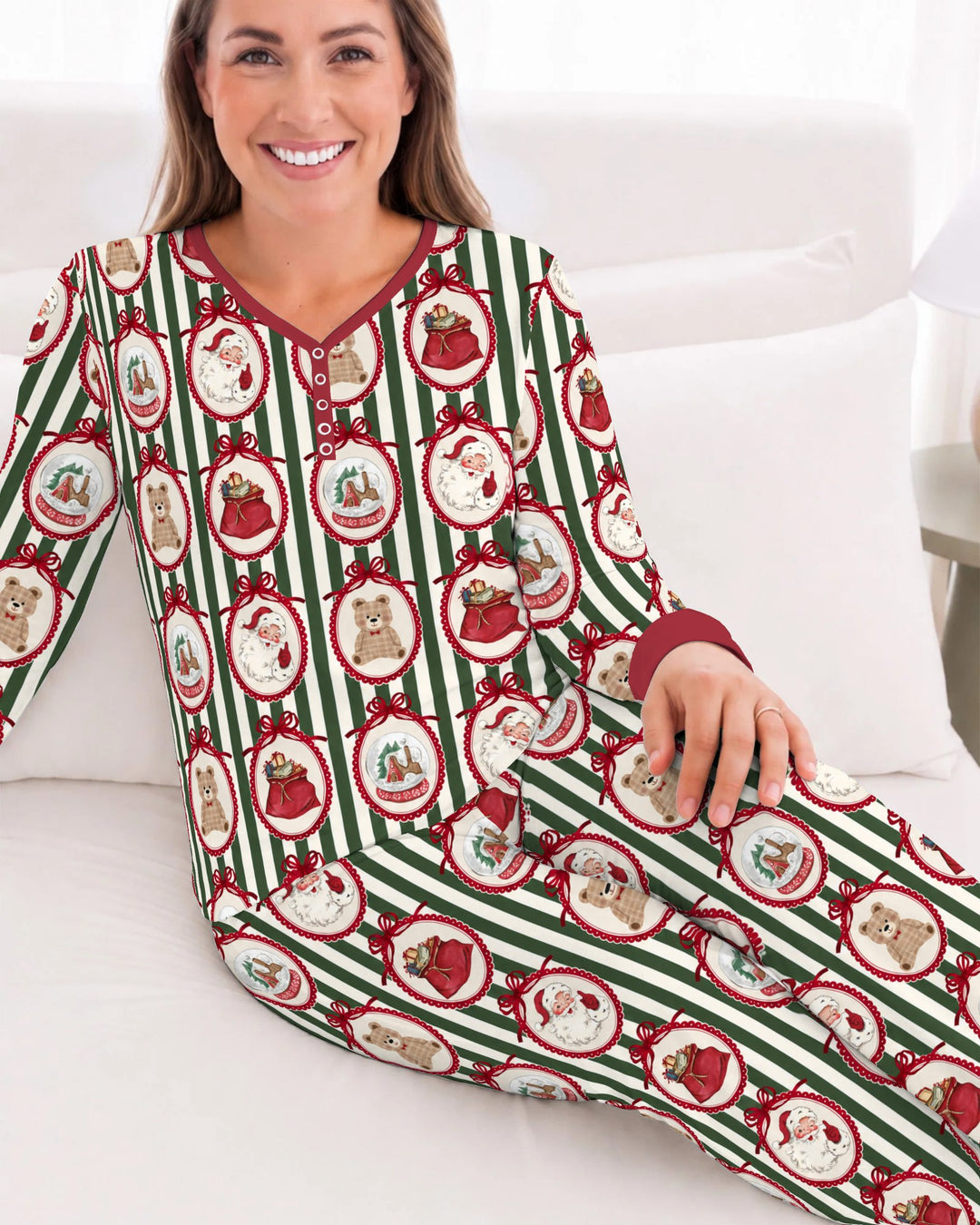 Vintage Christmas Ornament Stripe Bamboo Women Pajama Set