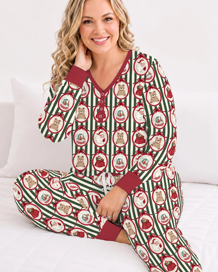 Vintage Christmas Ornament Stripe Bamboo Women Pajama Set