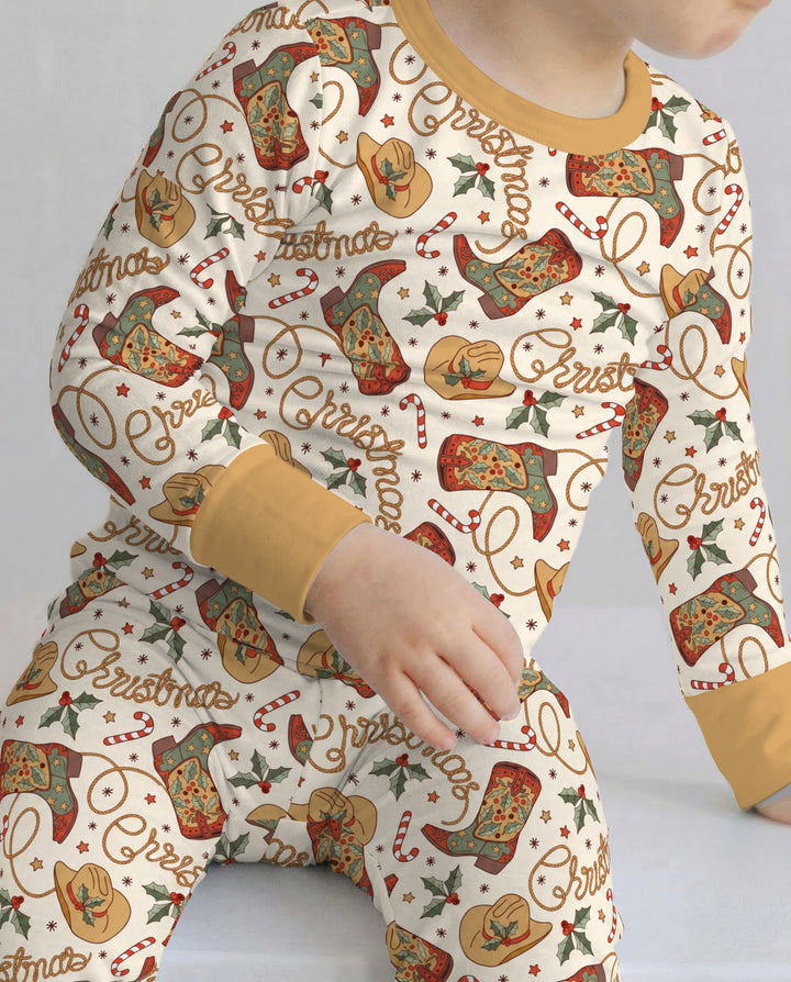 Western Cowboy Christmas Boots Bamboo Two Piece Long Sleeve Pajama Set