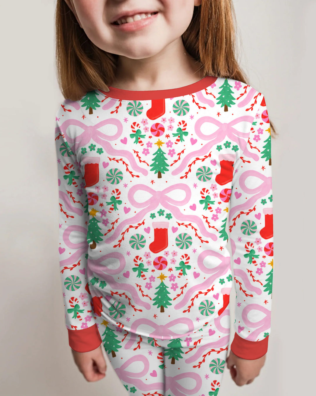 Pink Bow Christmas Candy Bamboo Two Piece Long Sleeve Pajama Set