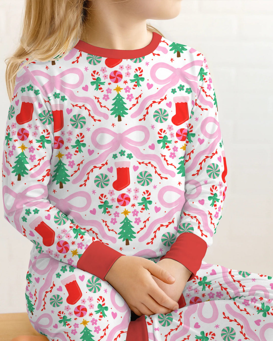 Pink Bow Christmas Candy Bamboo Two Piece Long Sleeve Pajama Set