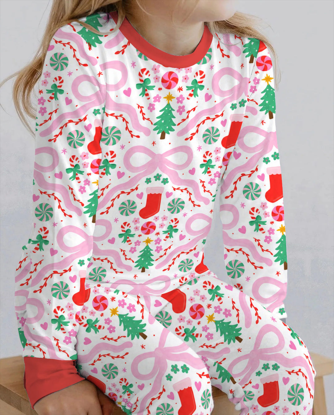 Pink Bow Christmas Candy Bamboo Two Piece Long Sleeve Pajama Set