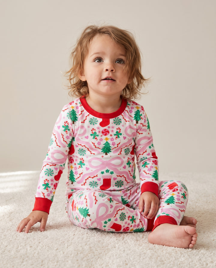 Pink Bow Christmas Candy Bamboo Two Piece Long Sleeve Pajama Set