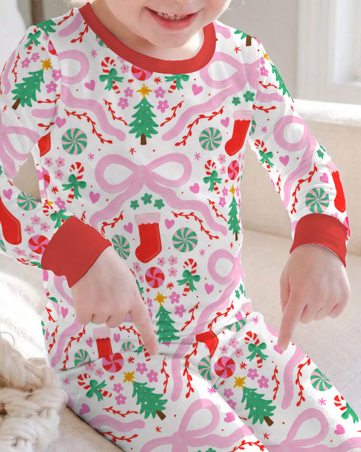 Pink Bow Christmas Candy Bamboo Two Piece Long Sleeve Pajama Set