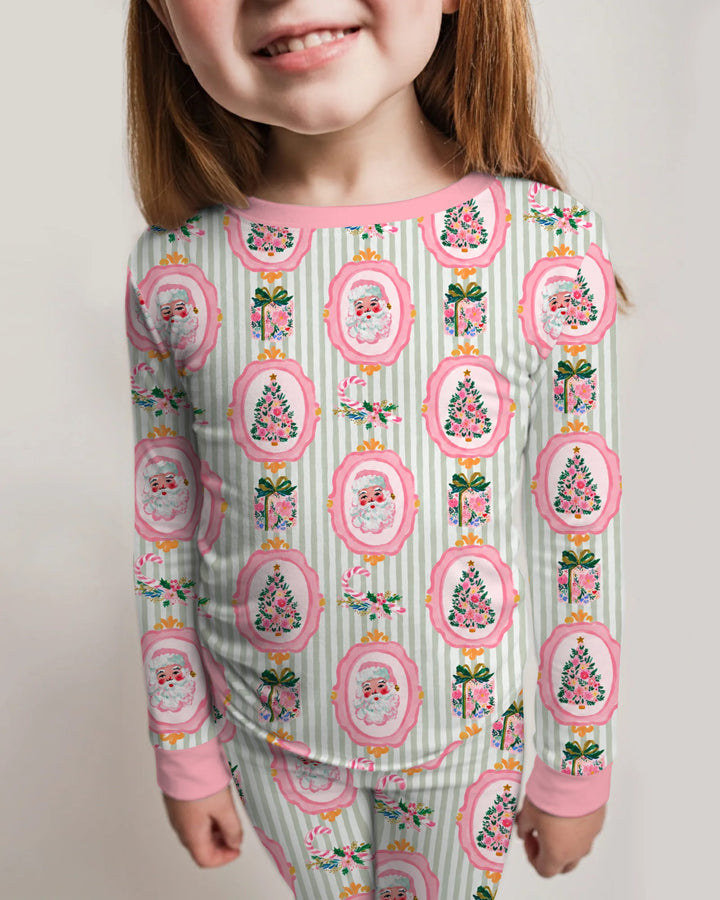 Pink Santa Christmas Tree Stripe Bamboo Two Piece Long Sleeve Pajama Set