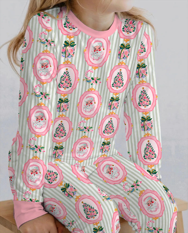 Pink Santa Christmas Tree Stripe Bamboo Two Piece Long Sleeve Pajama Set