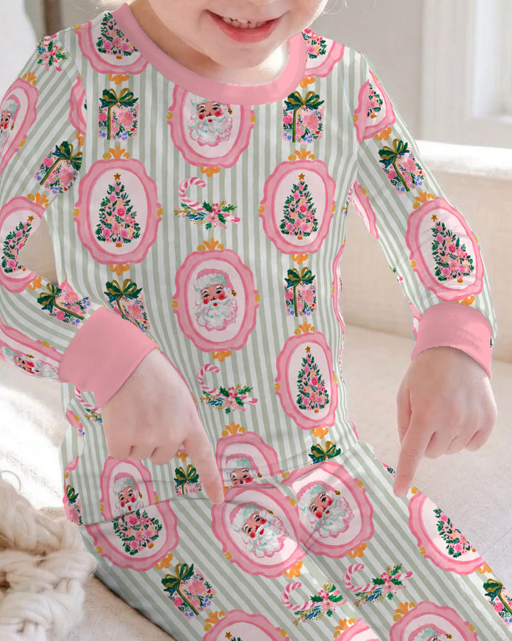 Pink Santa Christmas Tree Stripe Bamboo Two Piece Long Sleeve Pajama Set