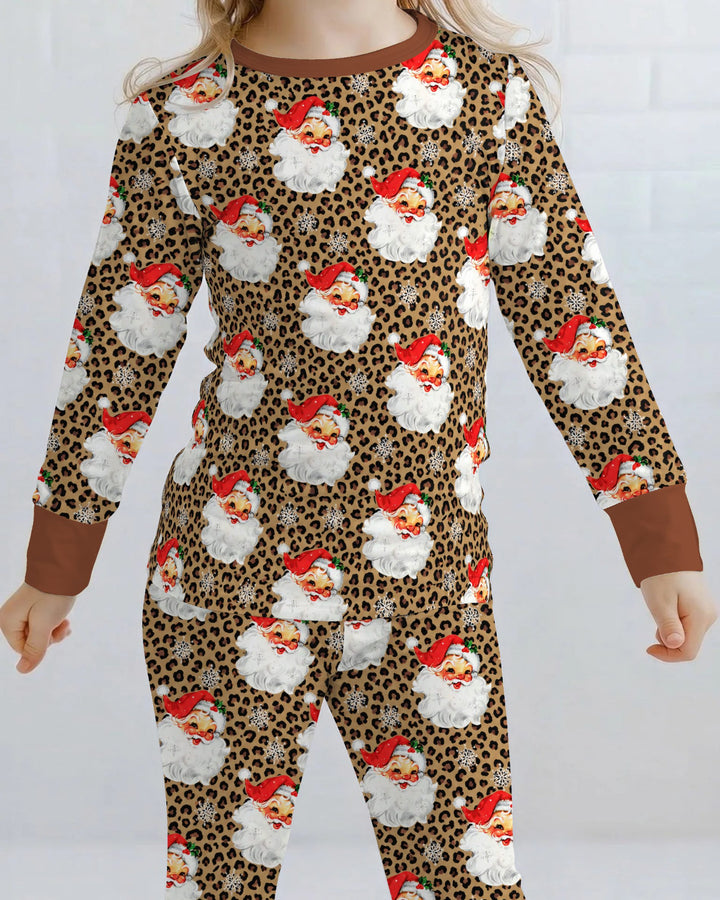 Leopard Print Vintage Santa Bamboo Two Piece Long Sleeve Pajama Set