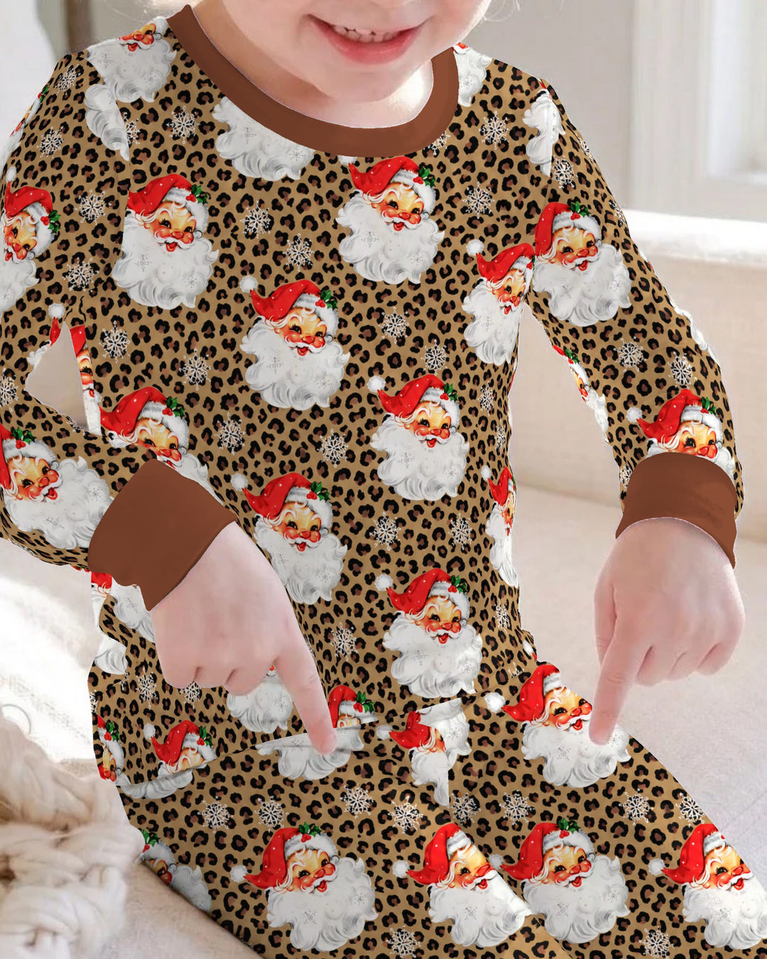 Leopard Print Vintage Santa Bamboo Two Piece Long Sleeve Pajama Set