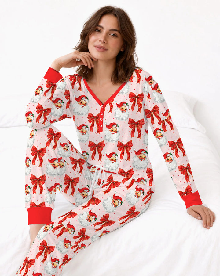 Vintage Santa Red Bow Christmas Bamboo Women Pajama Set