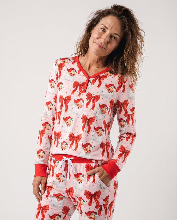 Vintage Santa Red Bow Christmas Bamboo Women Pajama Set