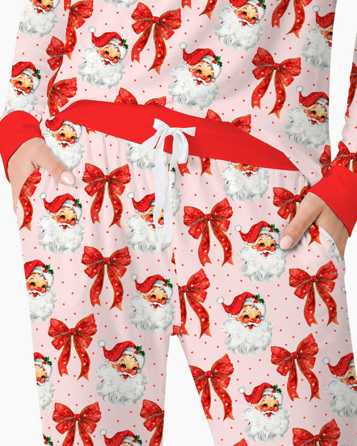 Vintage Santa Red Bow Christmas Bamboo Women Pajama Set
