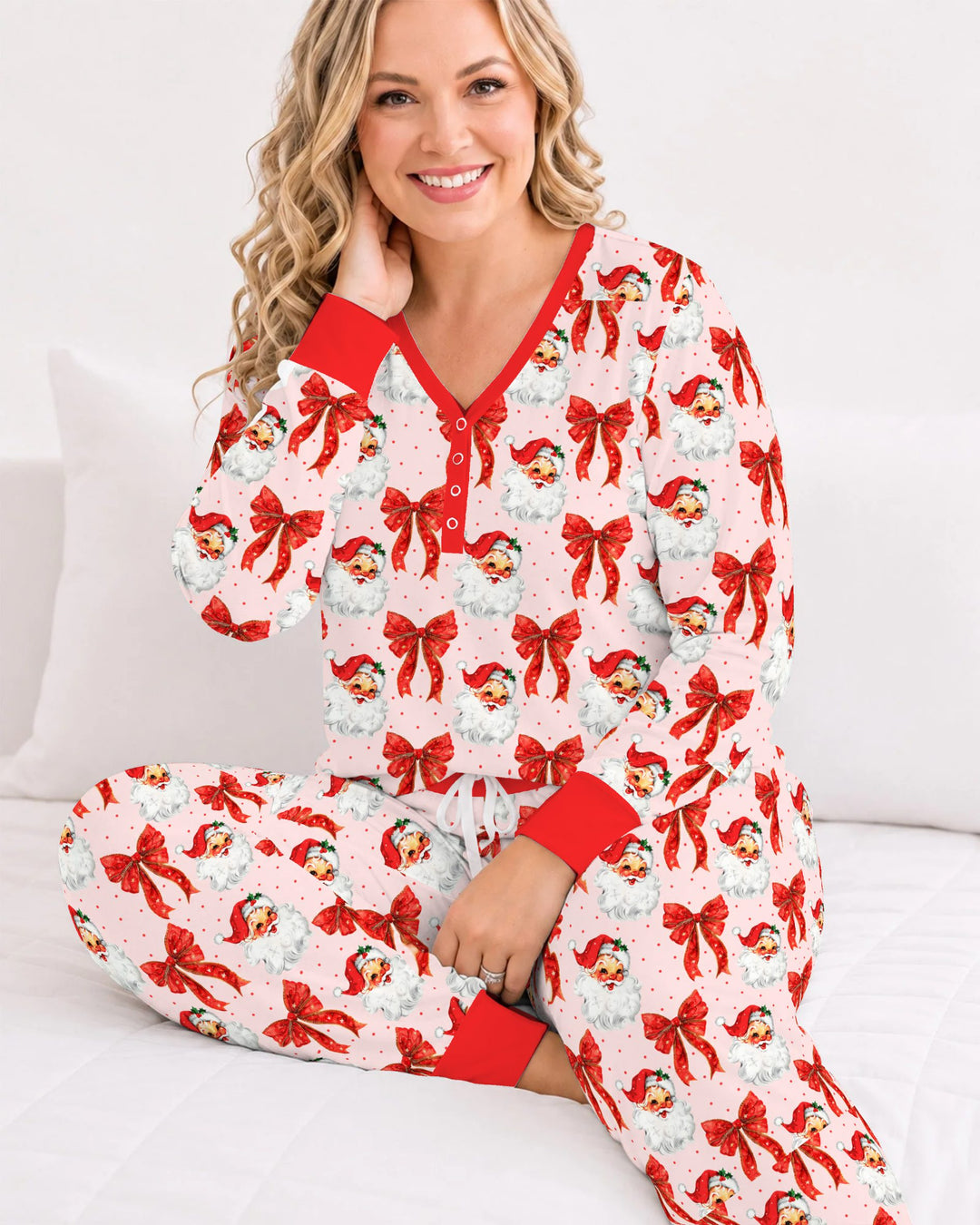 Vintage Santa Red Bow Christmas Bamboo Women Pajama Set