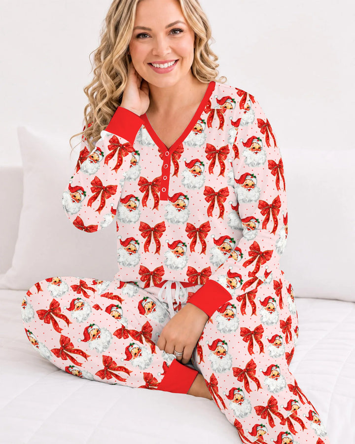 Vintage Santa Red Bow Christmas Bamboo Women Pajama Set