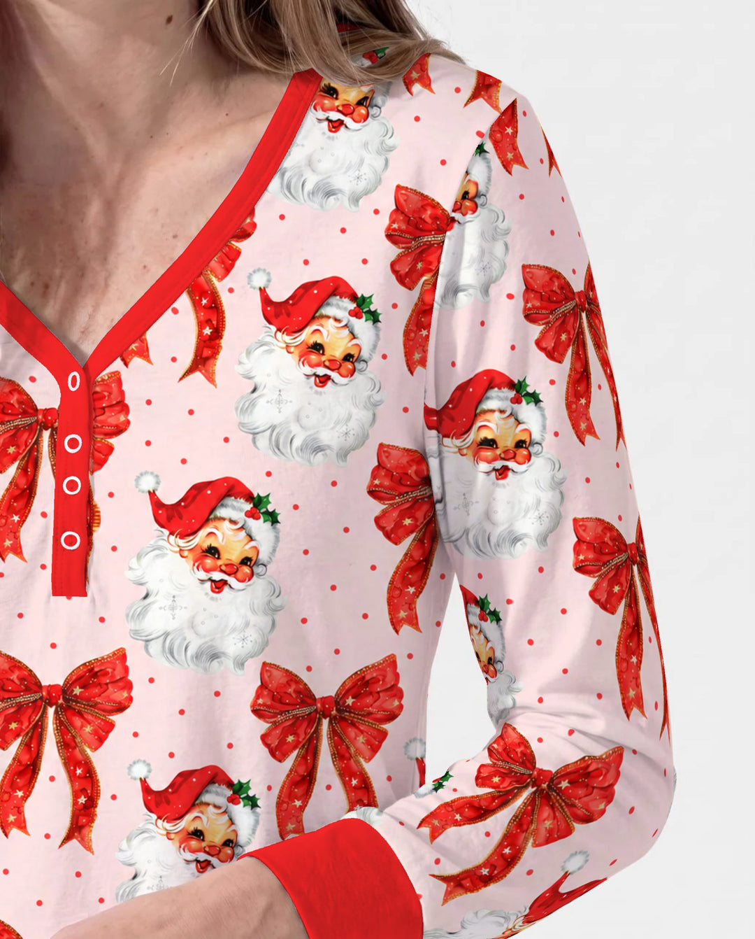 Vintage Santa Red Bow Christmas Bamboo Women Pajama Set