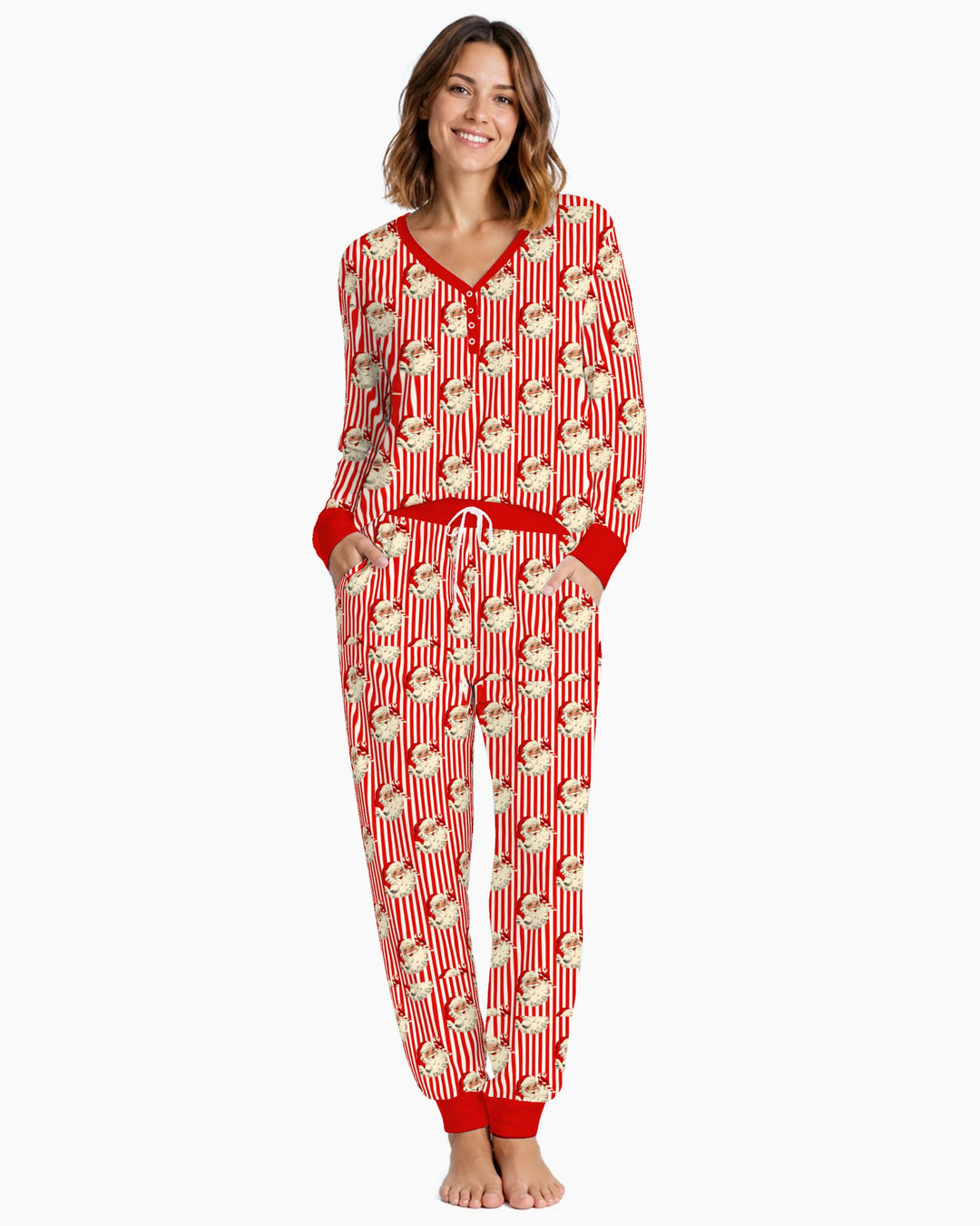 Vintage Santa Candy Cane Stripe Bamboo Women Pajama Set