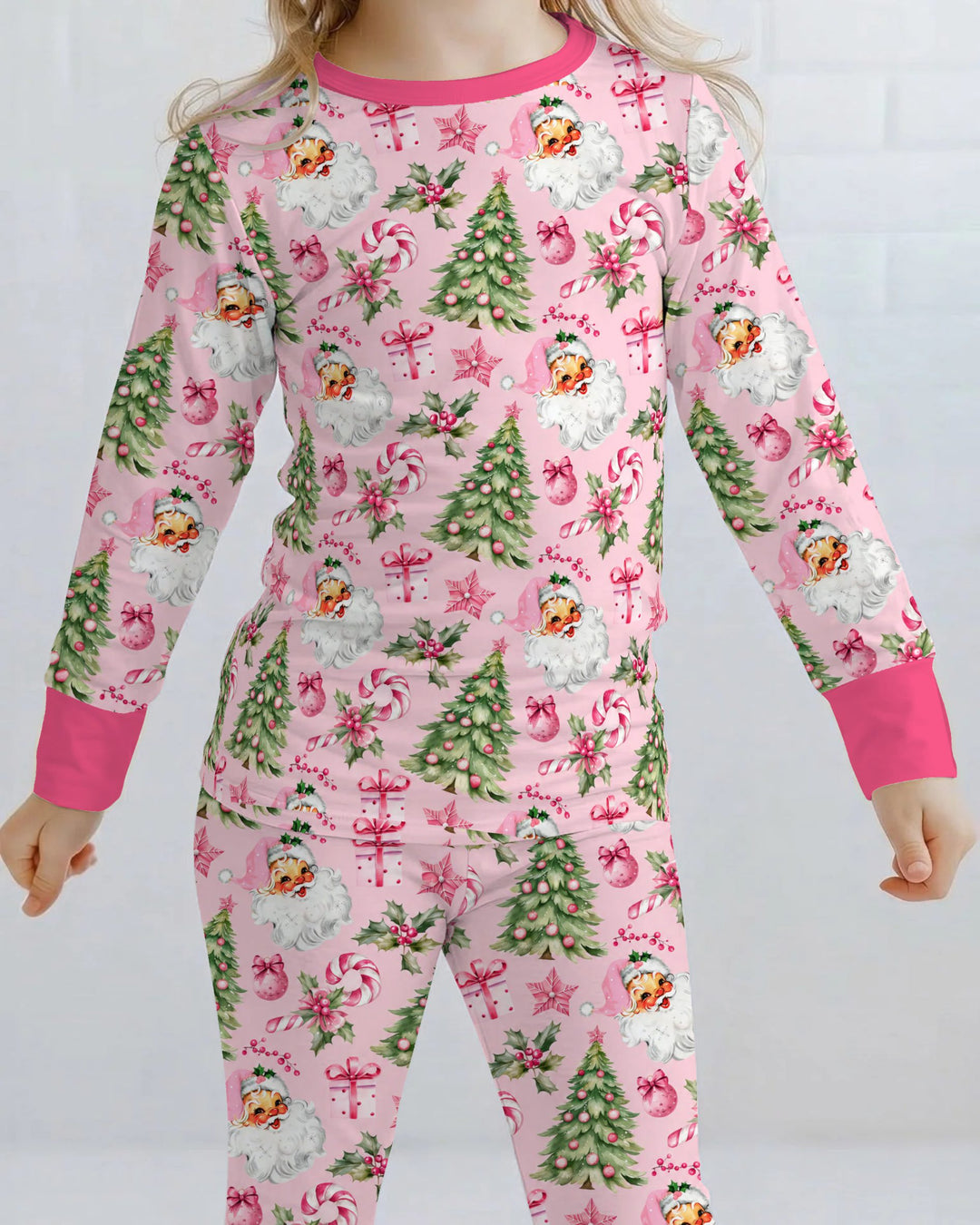 Pink Vintage Santa Christmas Tree Bamboo Two Piece Long Sleeve Pajama Set