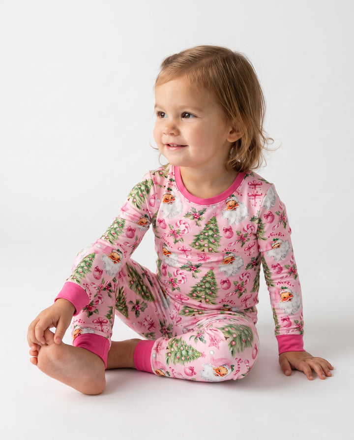 Pink Vintage Santa Christmas Tree Bamboo Two Piece Long Sleeve Pajama Set