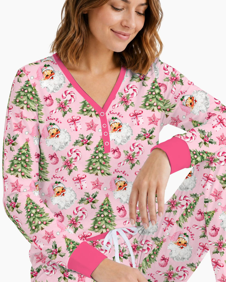 Pink Vintage Santa Christmas Tree Bamboo Women Pajama Set