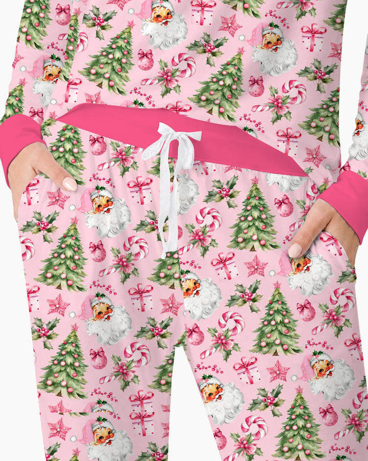 Pink Vintage Santa Christmas Tree Bamboo Women Pajama Set