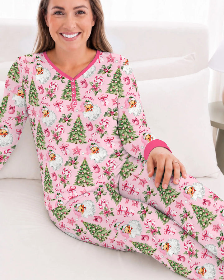 Pink Vintage Santa Christmas Tree Bamboo Women Pajama Set