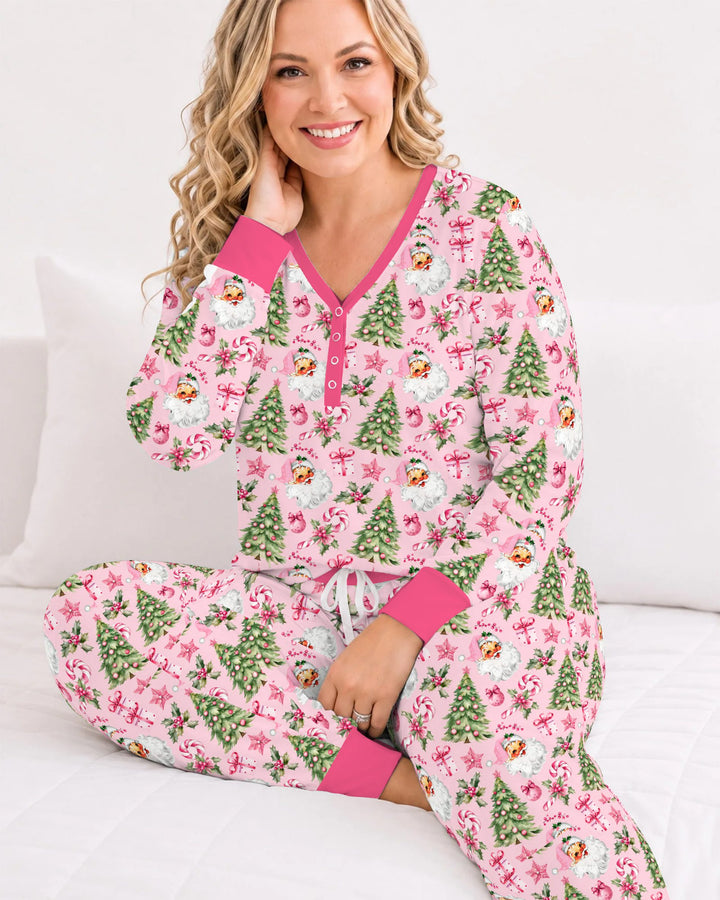 Pink Vintage Santa Christmas Tree Bamboo Women Pajama Set