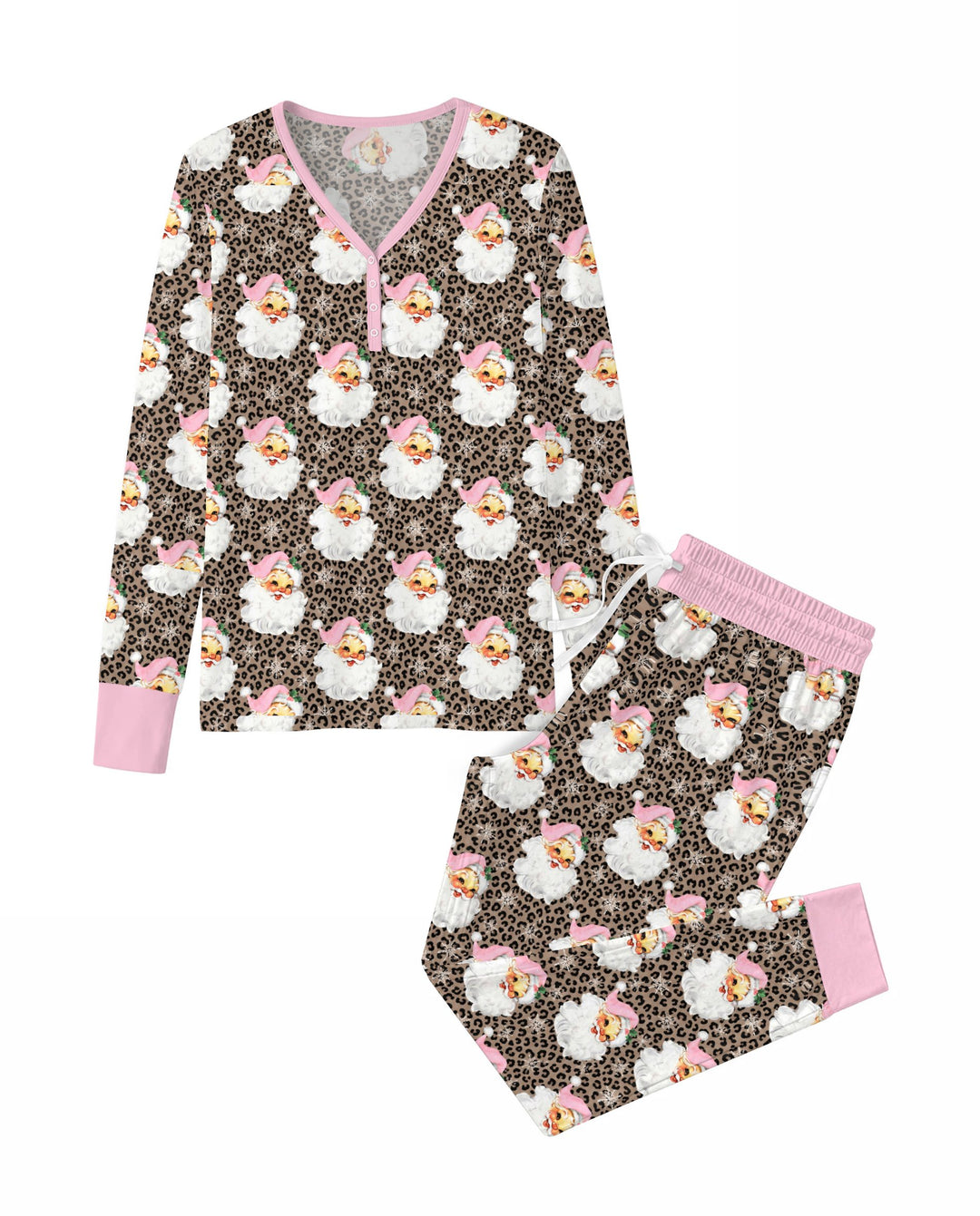 Pink Santa Leopard Print Christmas Bamboo Women Pajama Set