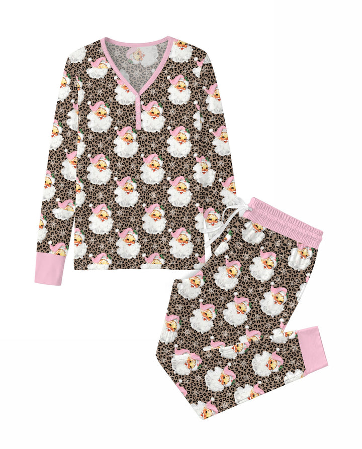 Pink Santa Leopard Print Christmas Bamboo Women Pajama Set