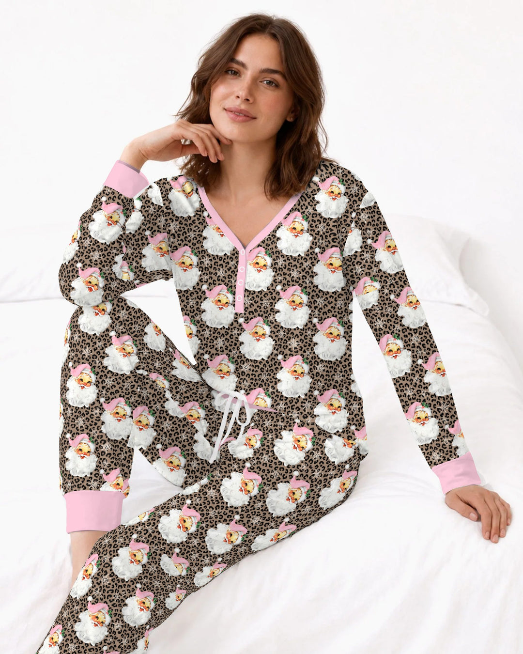 Pink Santa Leopard Print Christmas Bamboo Women Pajama Set