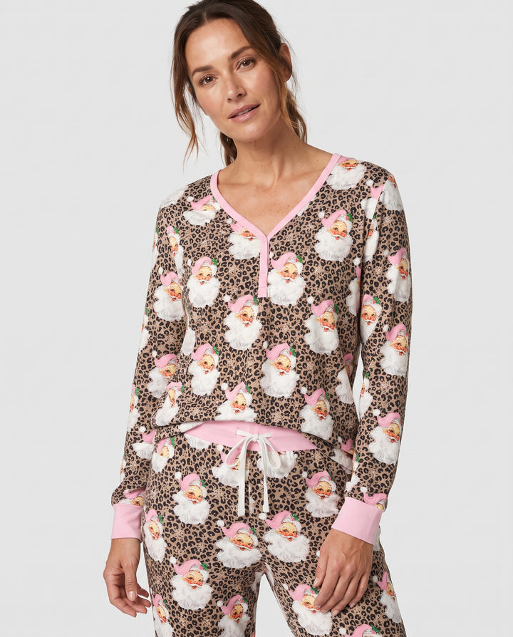 Pink Santa Leopard Print Christmas Bamboo Women Pajama Set