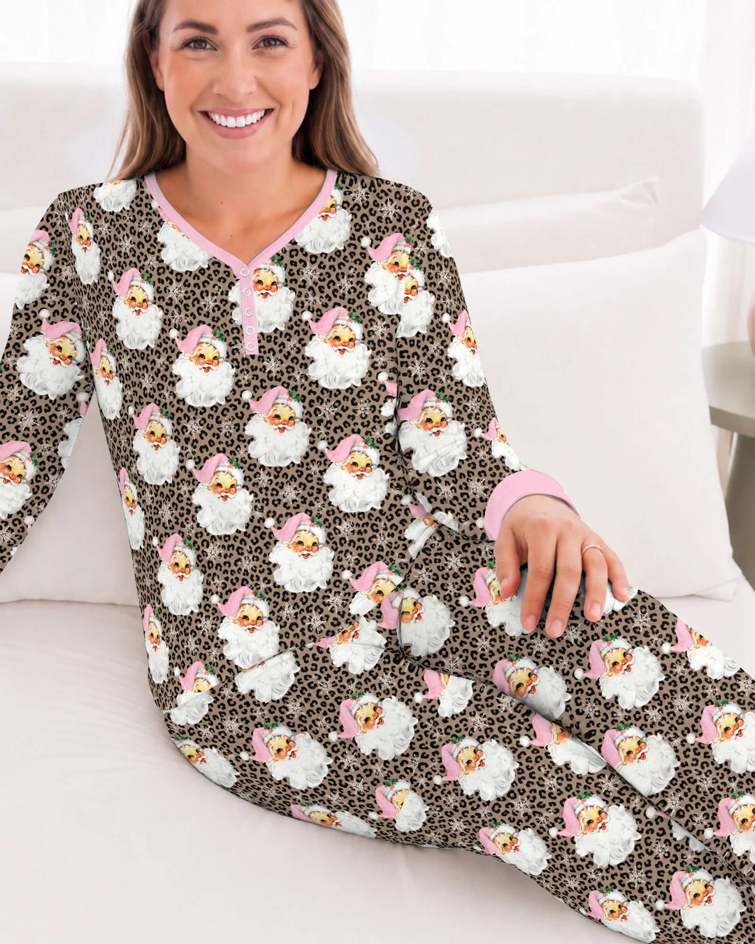 Pink Santa Leopard Print Christmas Bamboo Women Pajama Set