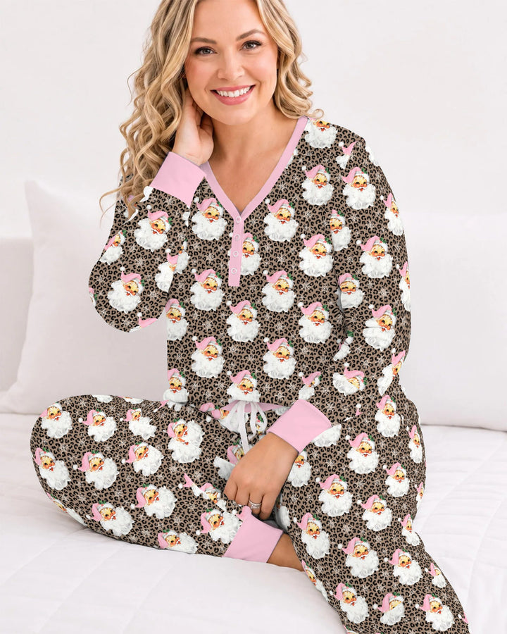 Pink Santa Leopard Print Christmas Bamboo Women Pajama Set