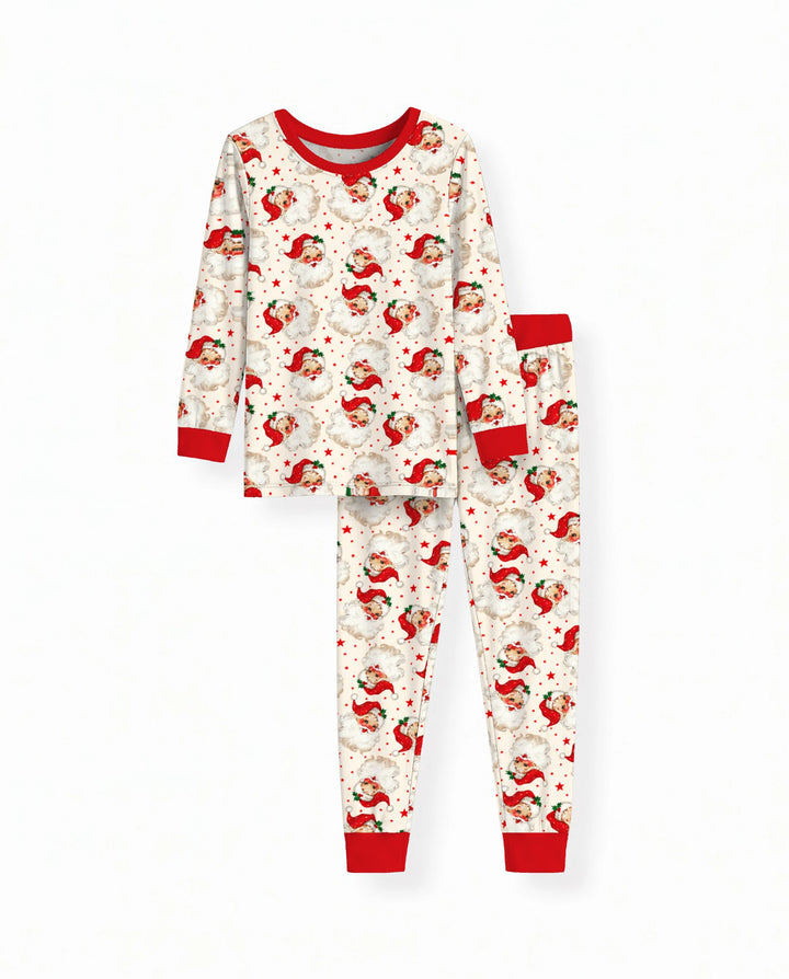 Vintage Santa Red Star Christmas Bamboo Two Piece Long Sleeve Pajama Set