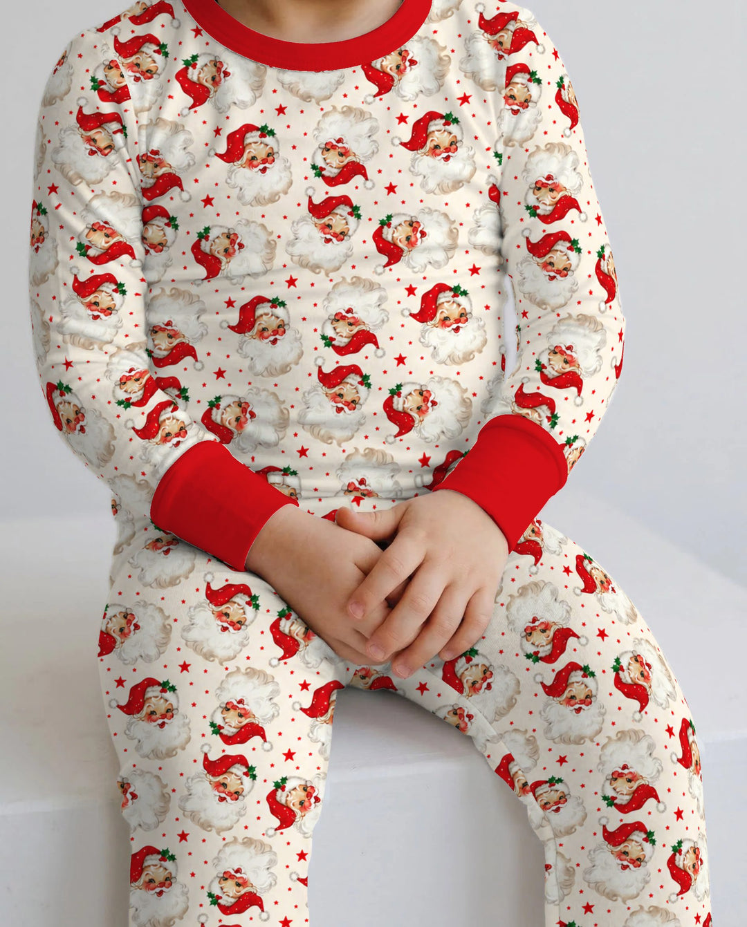 Vintage Santa Red Star Christmas Bamboo Two Piece Long Sleeve Pajama Set