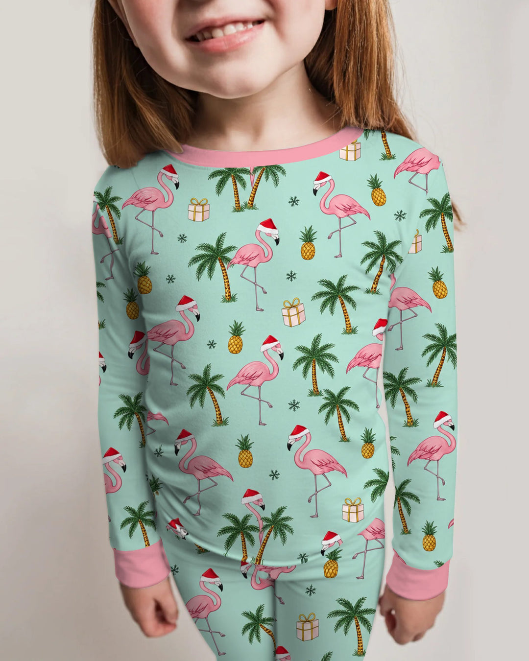 Tropical Christmas Flamingo Palm Tree Bamboo Two Piece Long Sleeve Pajama Set