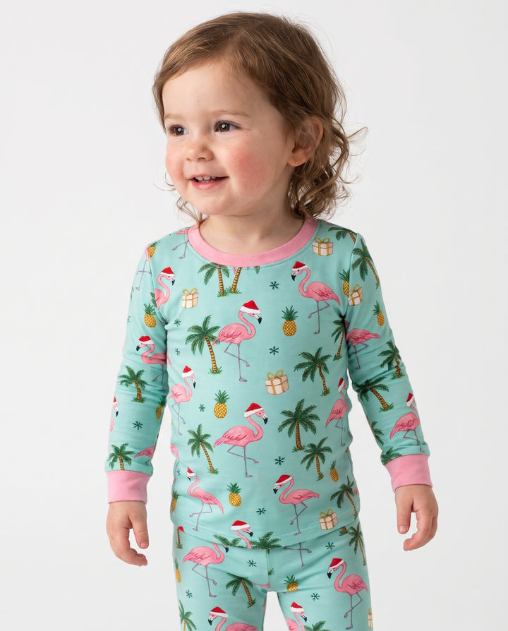 Tropical Christmas Flamingo Palm Tree Bamboo Two Piece Long Sleeve Pajama Set