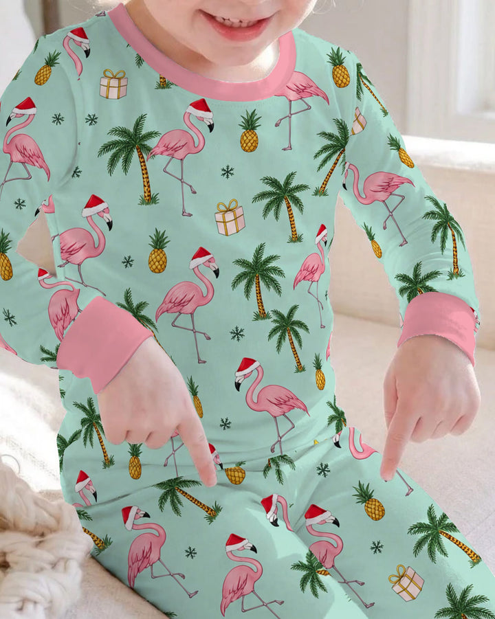 Tropical Christmas Flamingo Palm Tree Bamboo Two Piece Long Sleeve Pajama Set