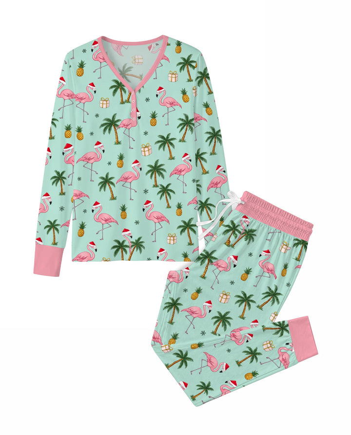 Tropical Christmas Flamingo Palm Tree Bamboo Women Pajama Set