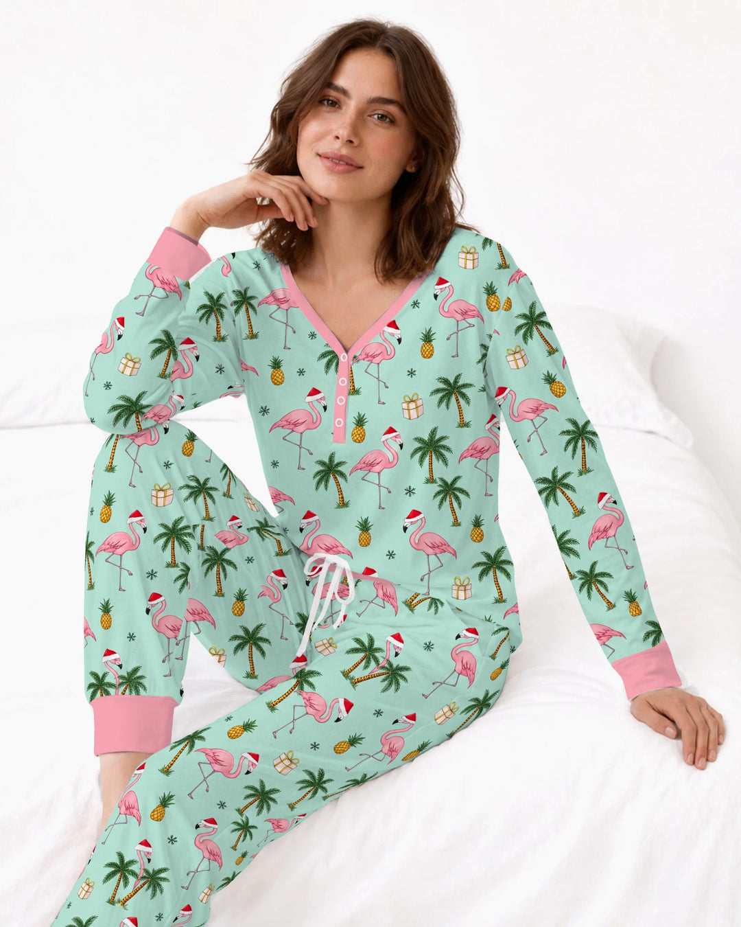 Tropical Christmas Flamingo Palm Tree Bamboo Women Pajama Set