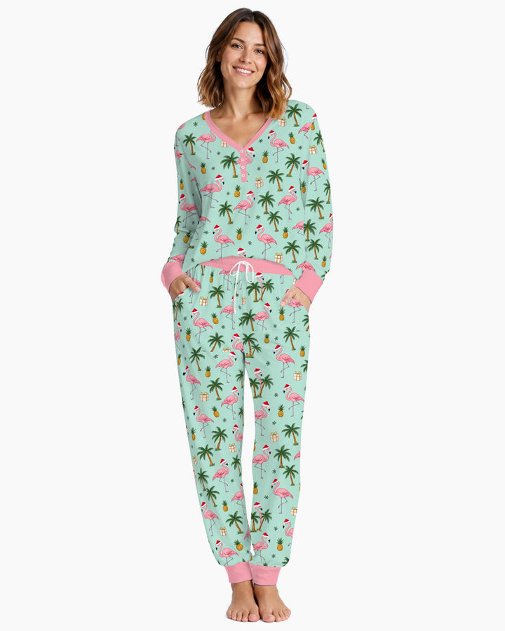 Tropical Christmas Flamingo Palm Tree Bamboo Women Pajama Set