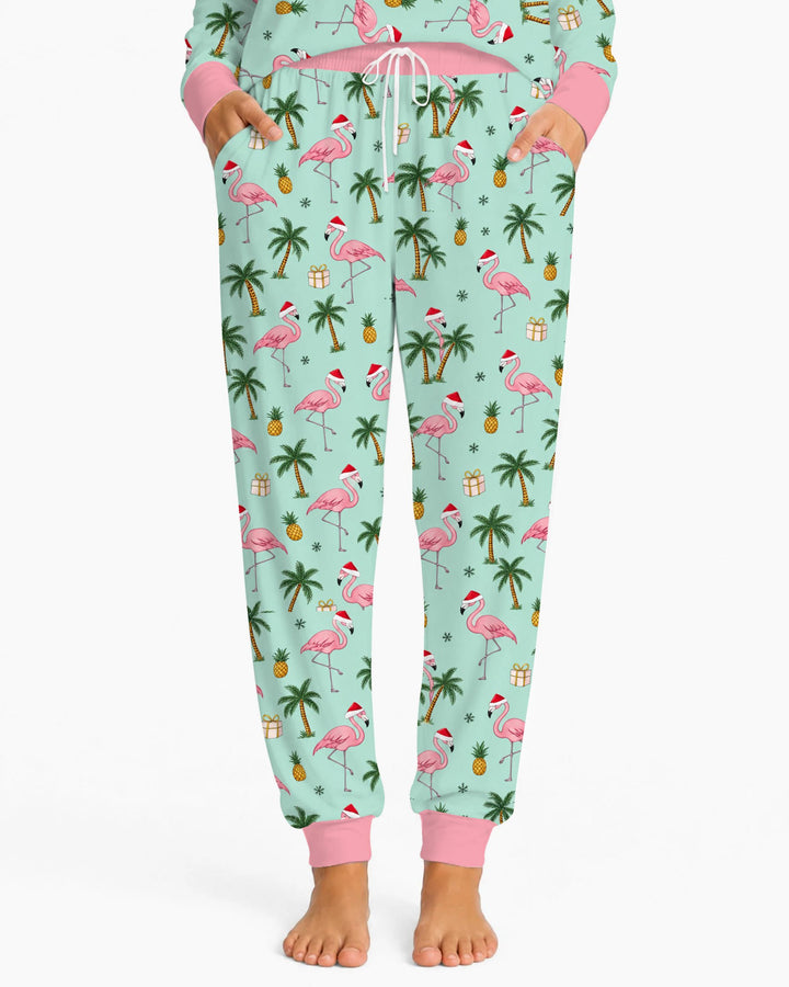 Tropical Christmas Flamingo Palm Tree Bamboo Women Pajama Set